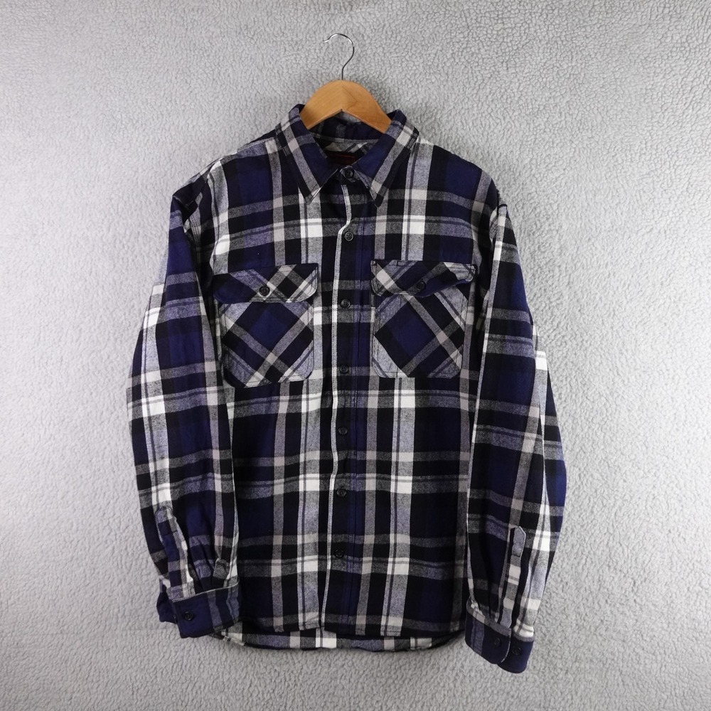Vintage FiveBrother Mens Navy Blue Plaid Heavy Flannel Button Down‎ Shirt